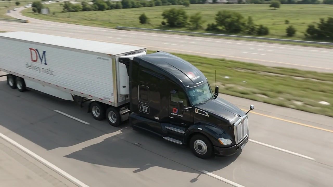 A Delivery Matic tractor pulling a refrigerated trailer on the highway, with numbered equipment callouts
